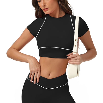 Yoga topo esporte t camisas mulheres roupas de fitness treino de manga curta colheita superior ginásio correndo ativo wear push up esporte topo